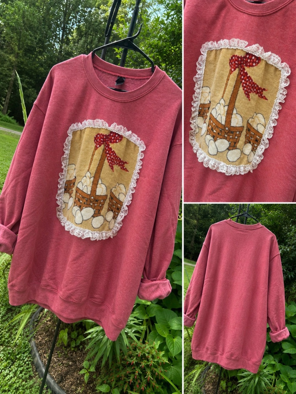 Gilden Washed Red Vintage Patchwork 1970 Sears eggs in a Basket Patch Sweatshirt